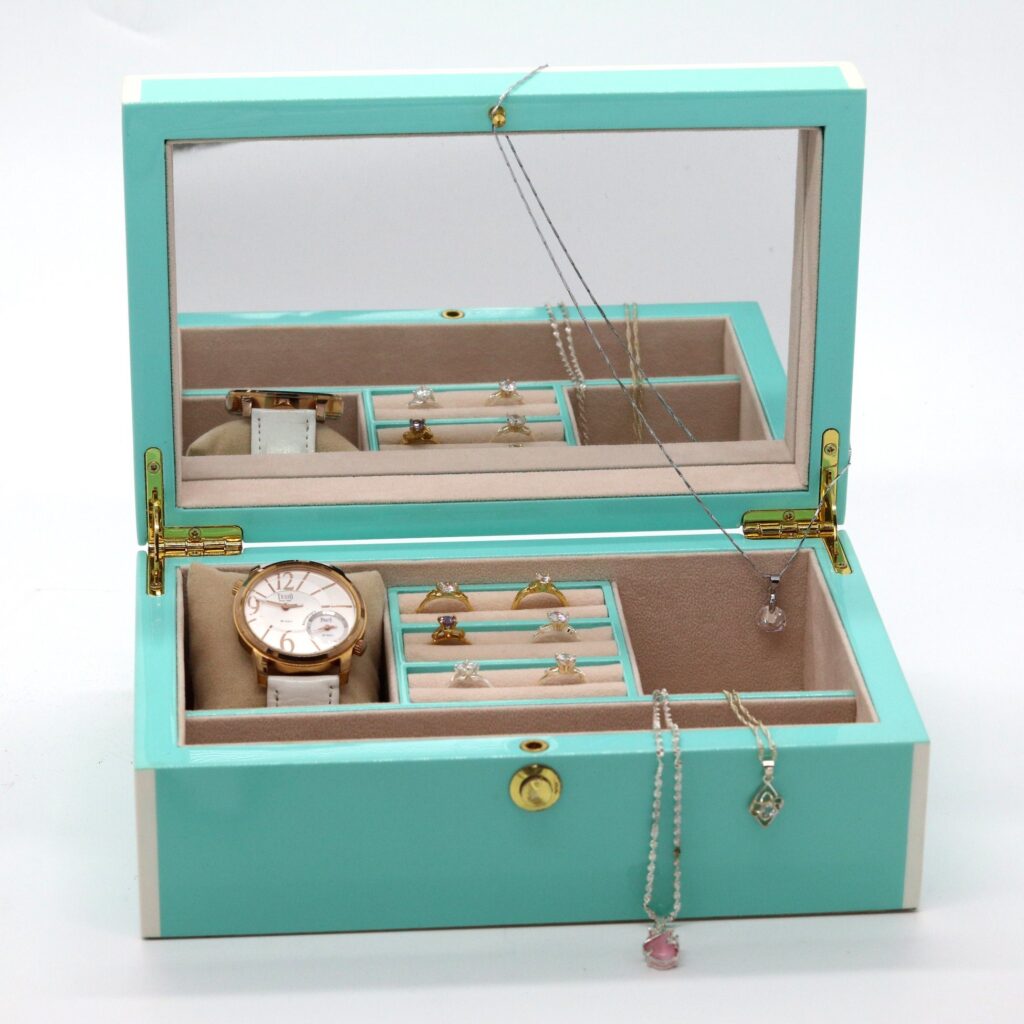 Premium Solid Wood Jewelry Box – Blue Gloss Finish for Elegant Gift Packaging