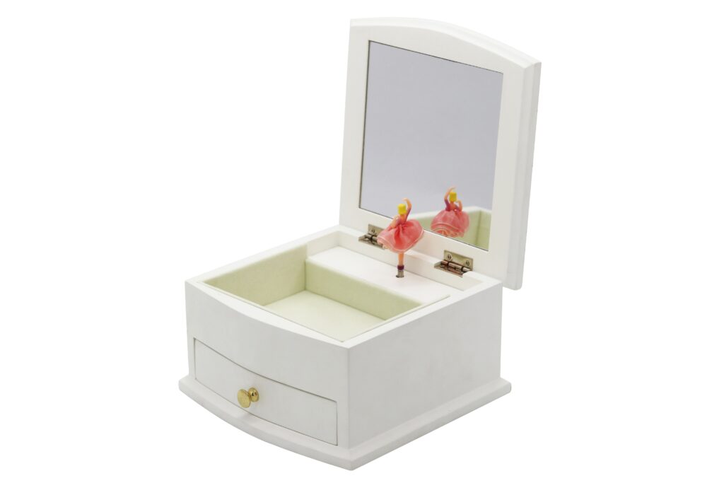Glossy White MDF Music Box – Mirror Interior with Beige Velvet and Music Parts