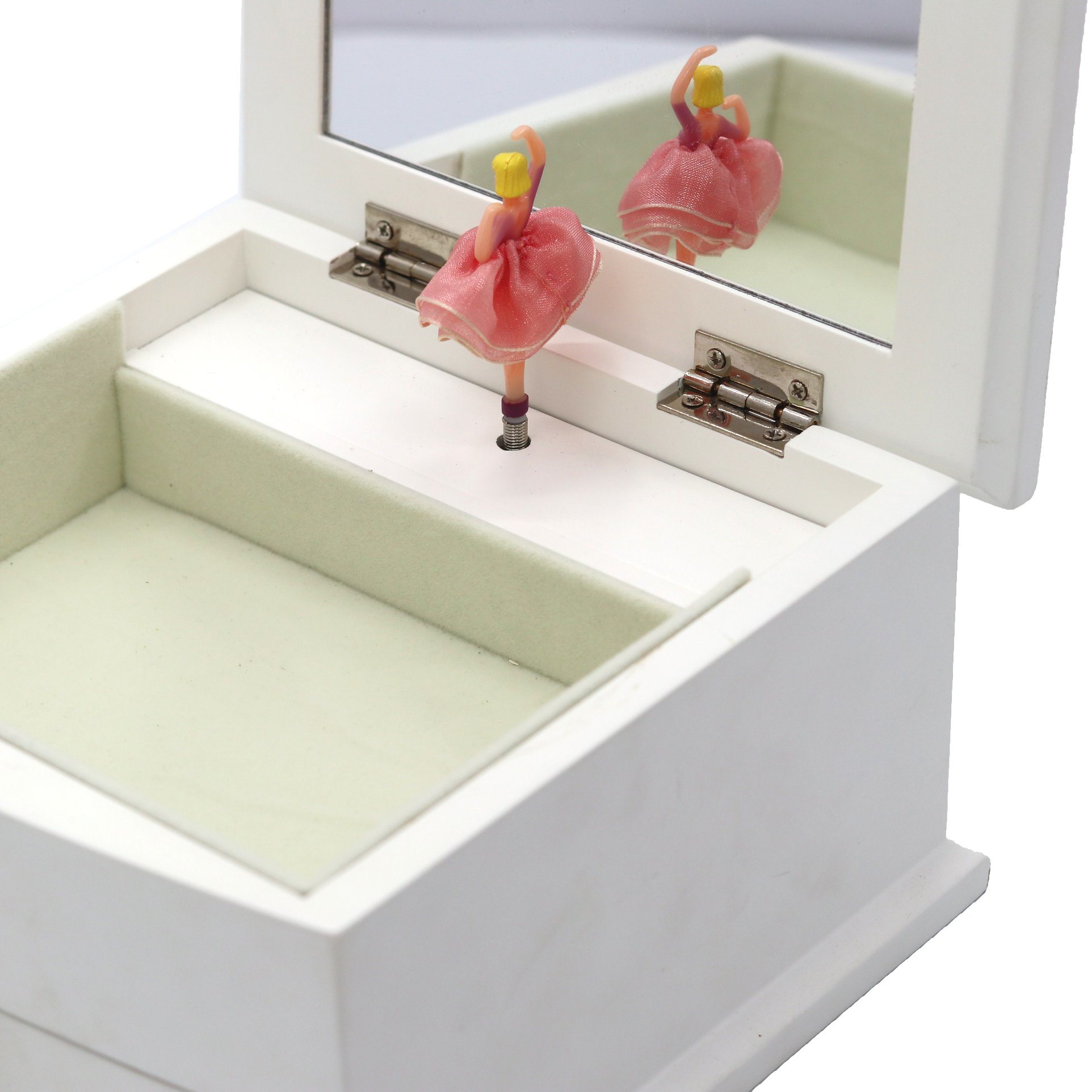 Glossy White MDF Music Box – Mirror Interior with Beige Velvet and Music Parts