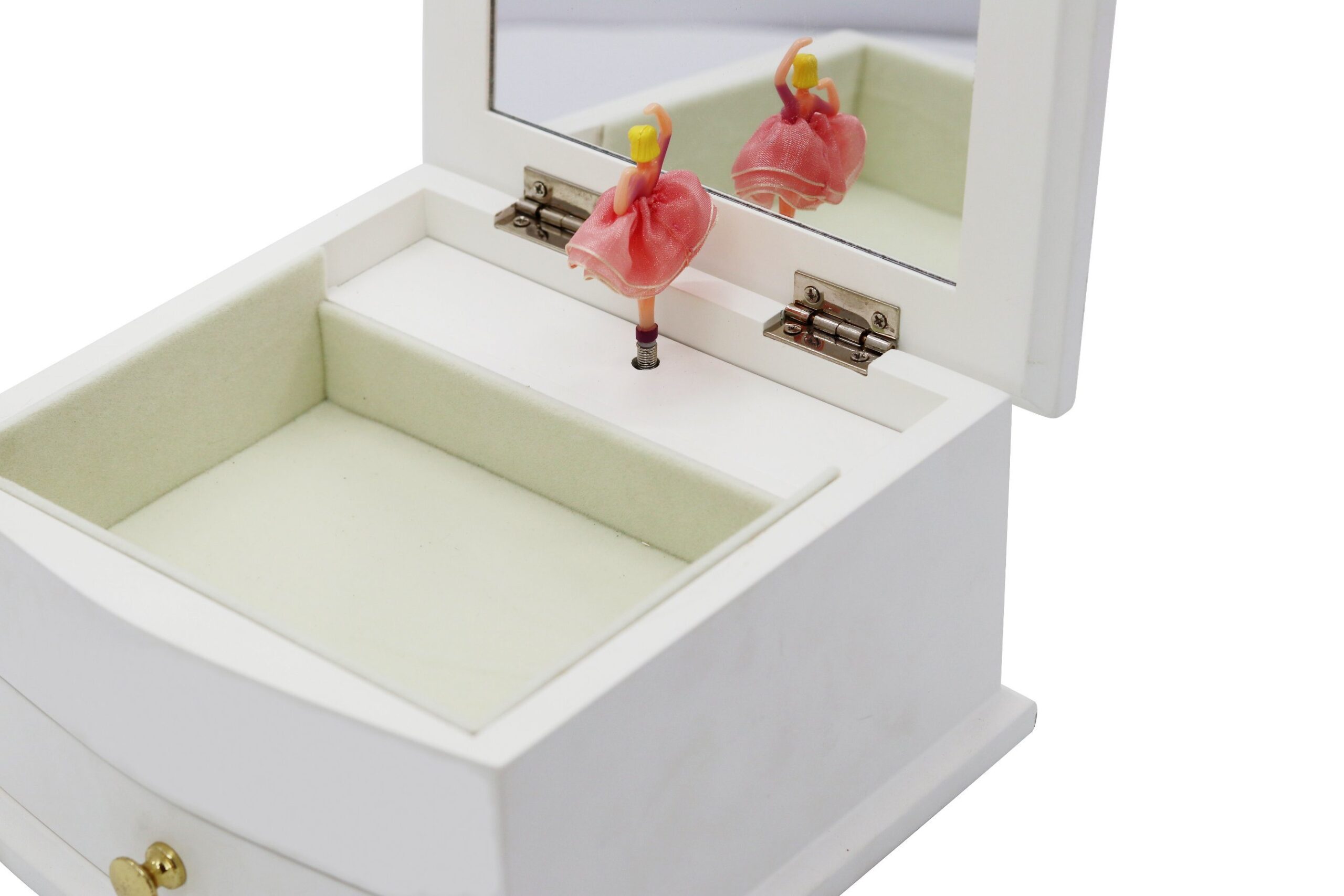 Glossy White MDF Music Box – Mirror Interior with Beige Velvet and Music Parts