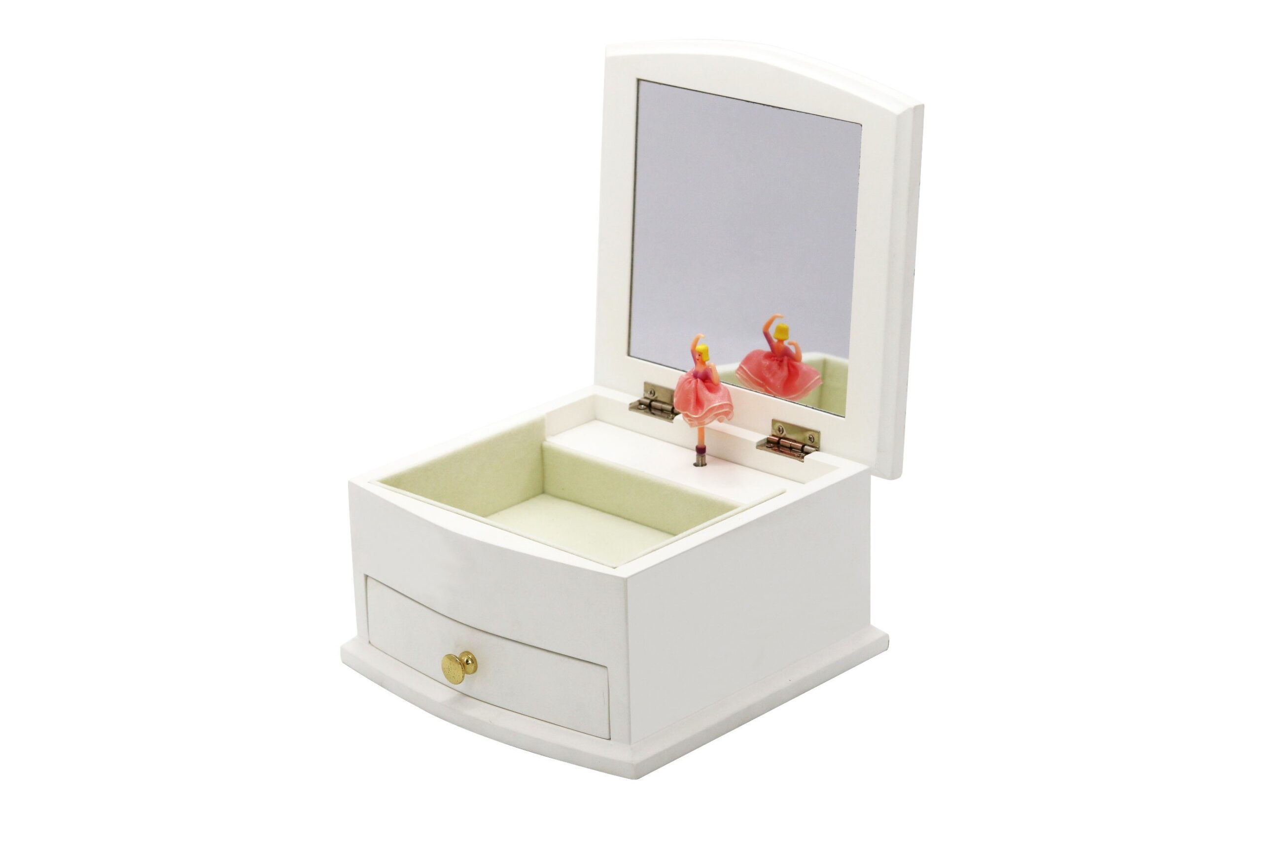 Glossy White MDF Music Box – Mirror Interior with Beige Velvet and Music Parts