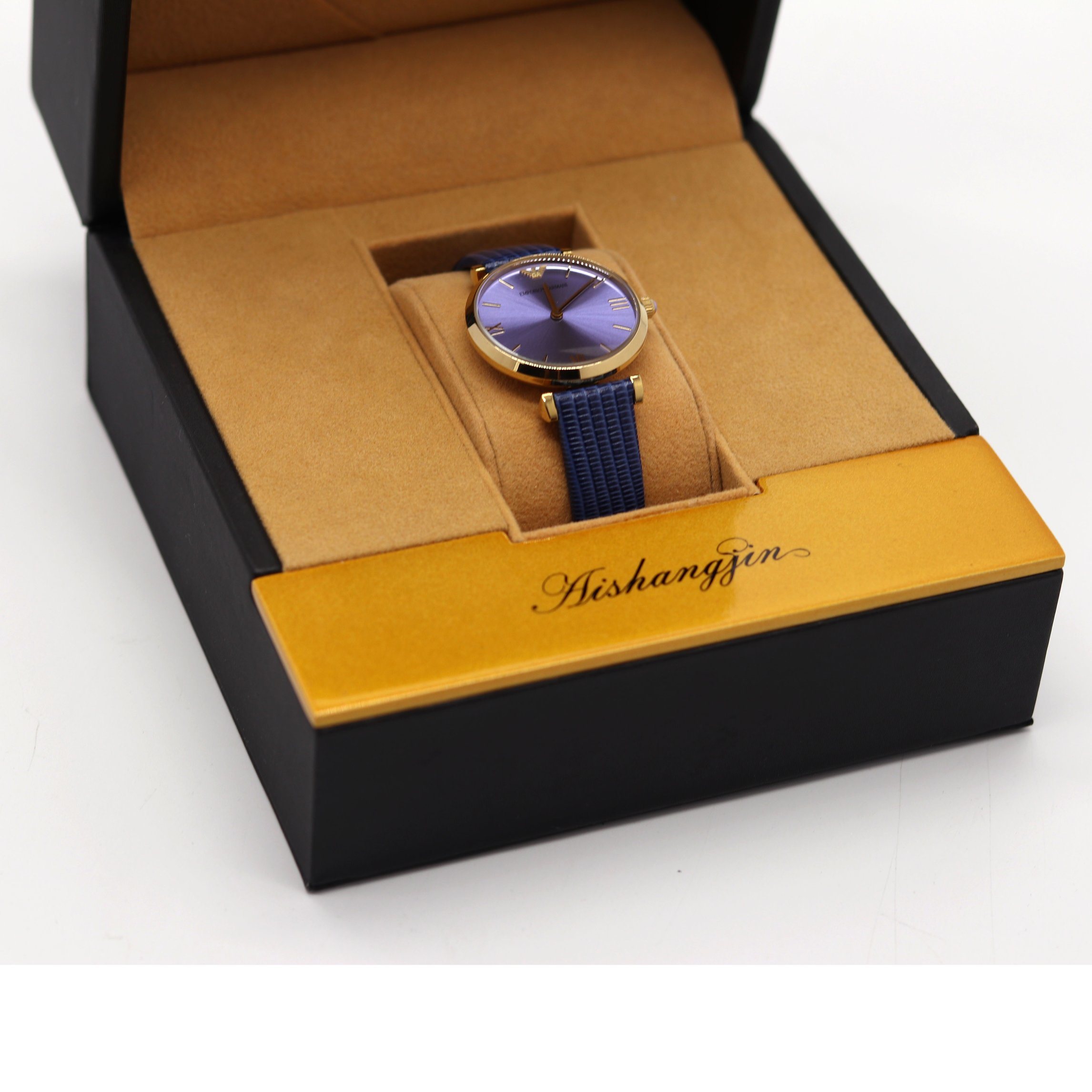 Customizable Watch Flip-Top Packaging Box – 5MM Plastic Base, Leather with Gold Stamping, Wholesale Manufacturer