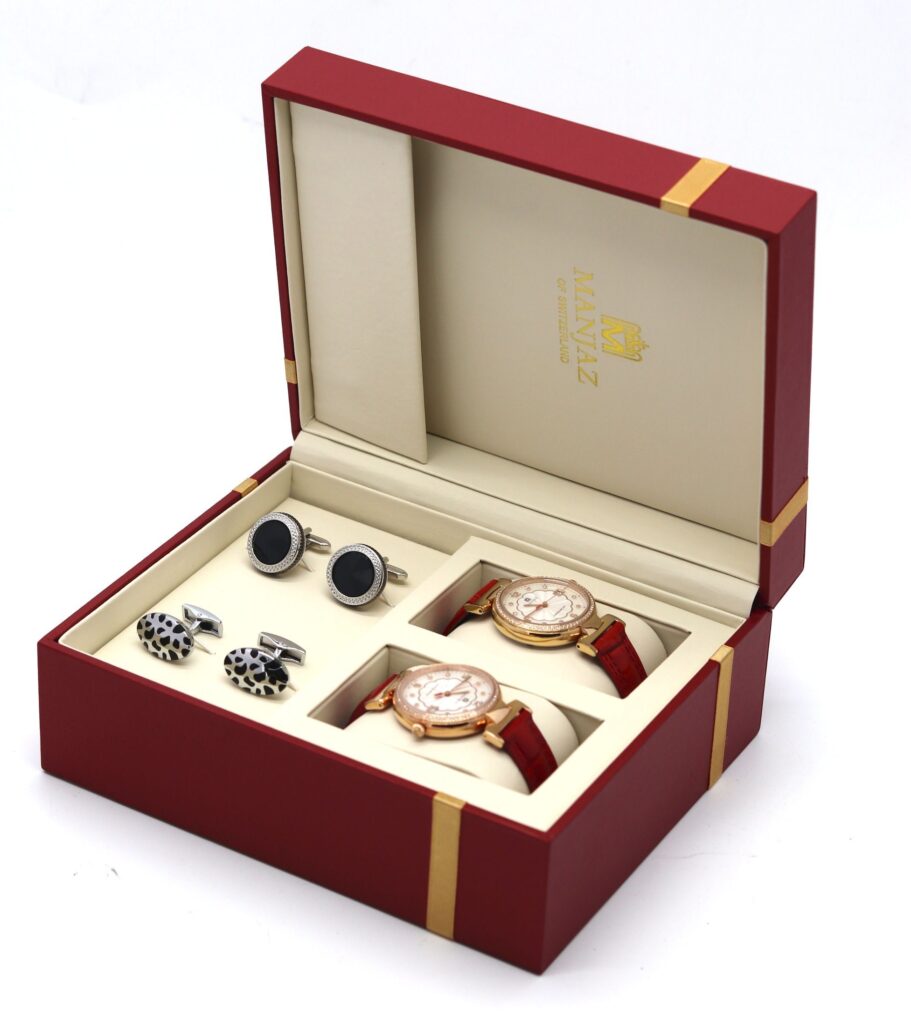 Durable Custom Watch Flip Box – 3MM Plastic Base with Specialty Paper, Gold Stamping & Ribbon, Wholesale