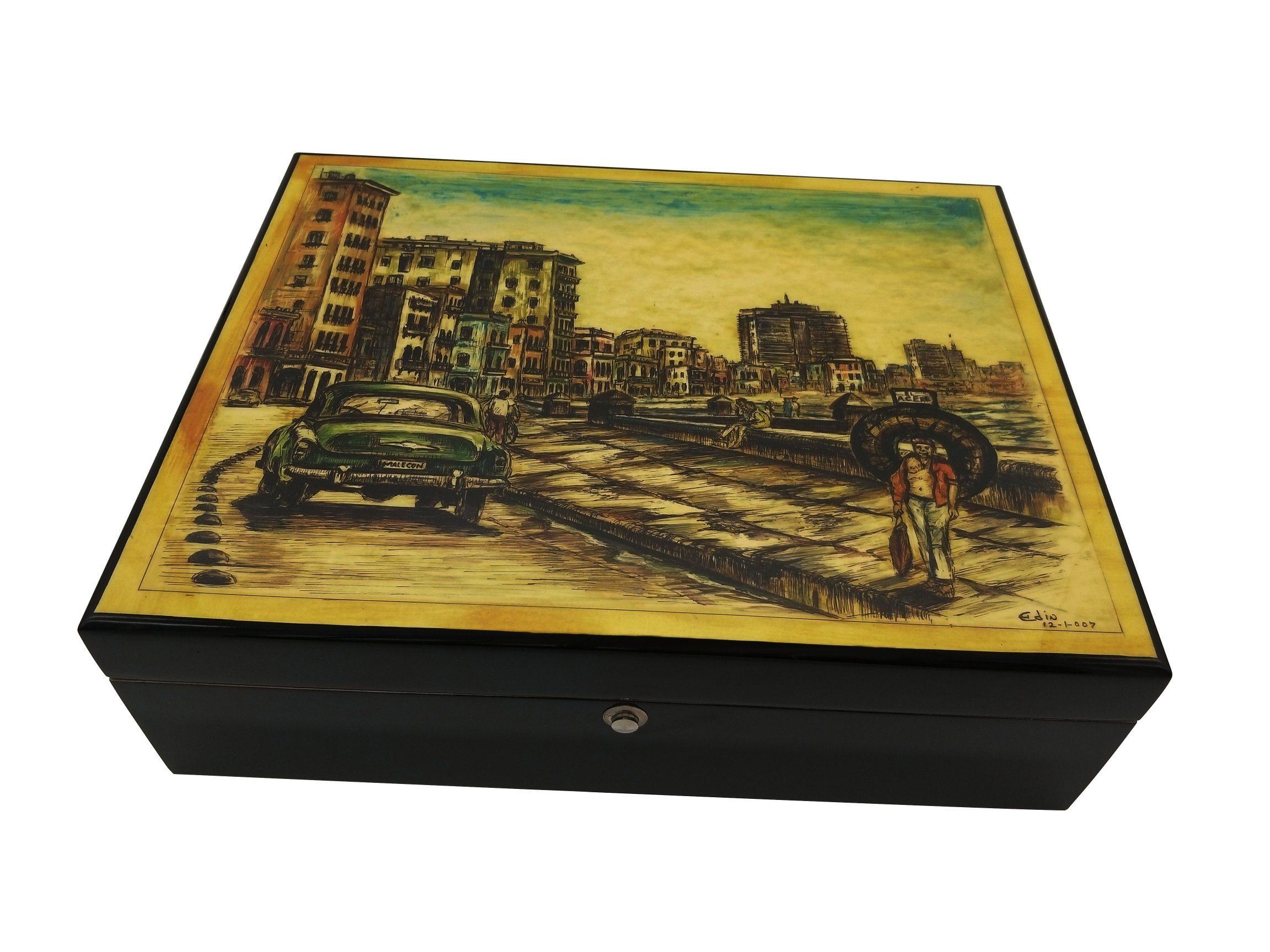 Elegant Black Cigar Organizer – Solid Wood with Glossy Finish and Print Design