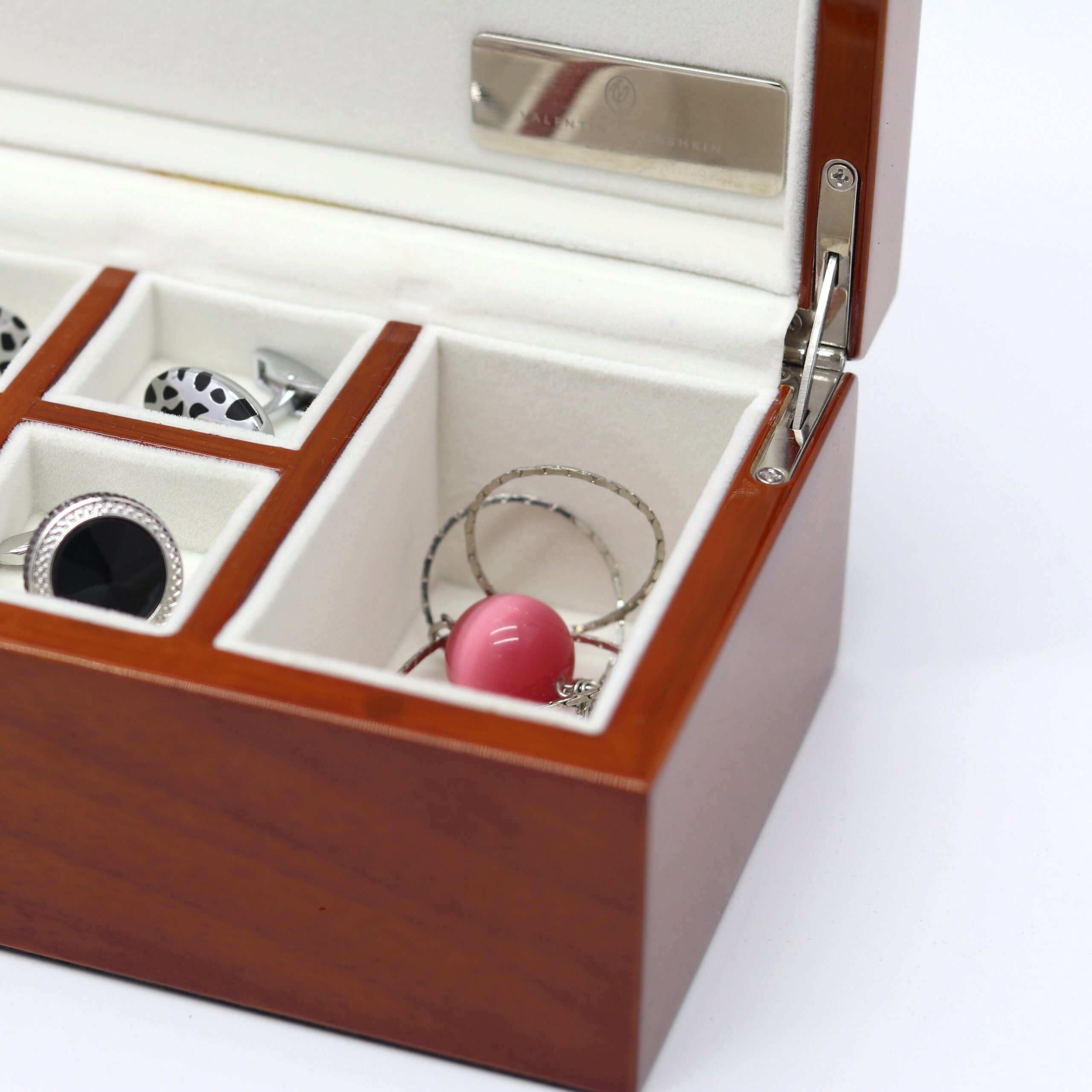 Solid Wood Glossy Jewelry Box – White Velvet Interior with Metal Nameplate