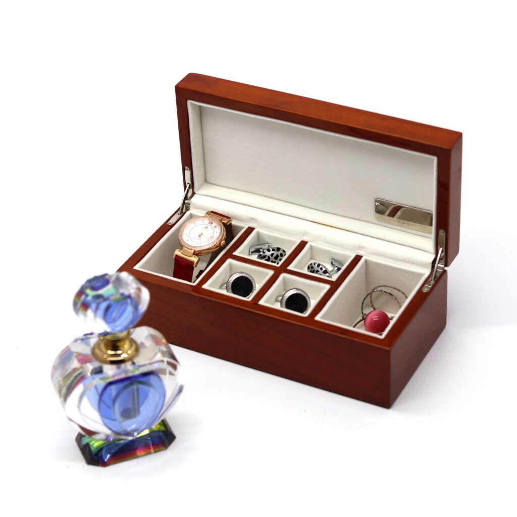 Solid Wood Glossy Jewelry Box – White Velvet Interior with Metal Nameplate