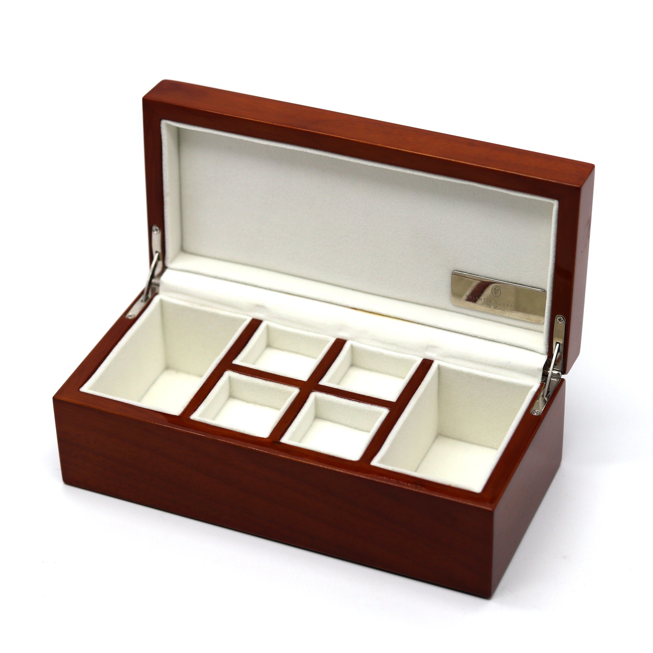 Solid Wood Glossy Jewelry Box – White Velvet Interior with Metal Nameplate