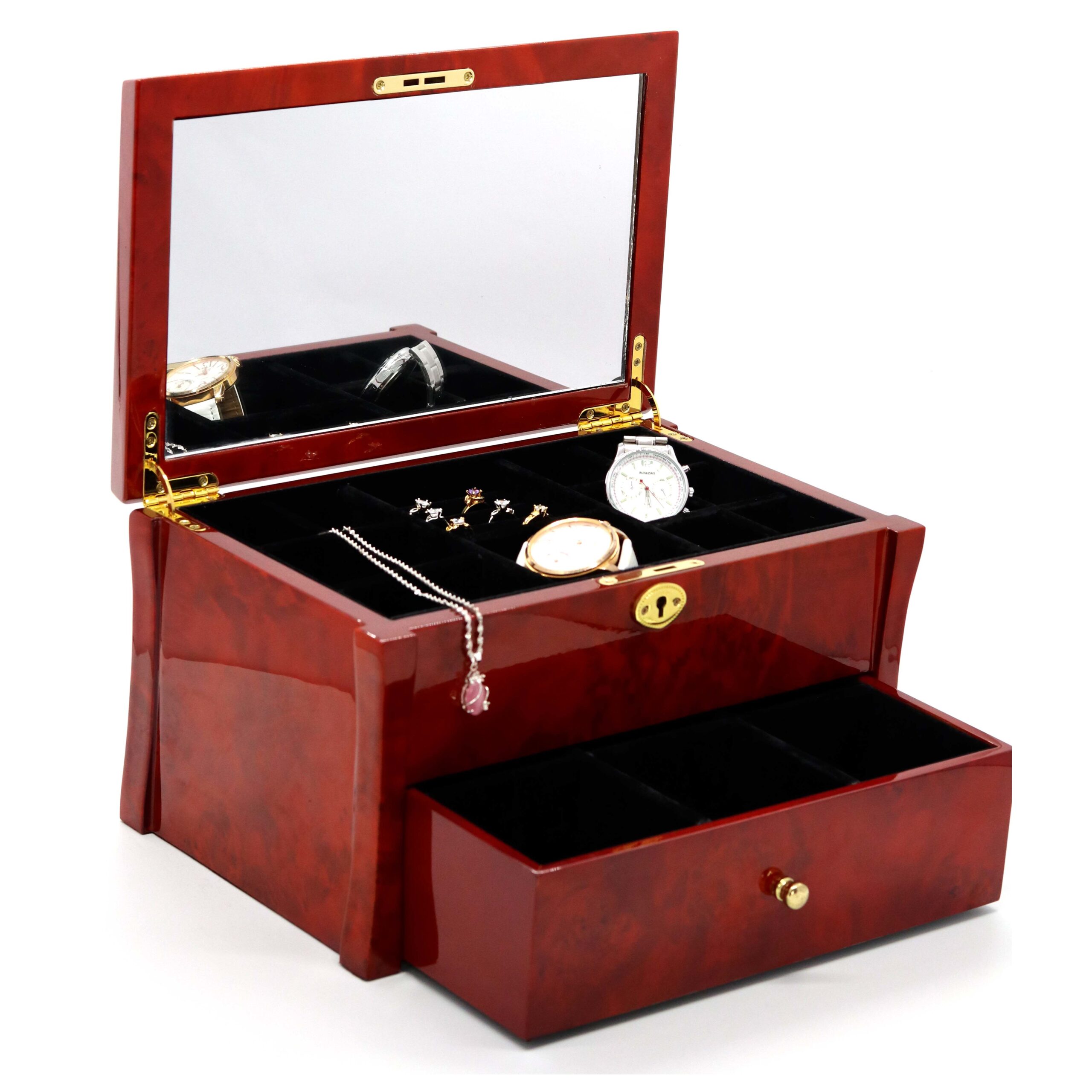 Handcrafted Wooden Jewelry Organizer – Glossy Lacquer with Black Velvet Lining