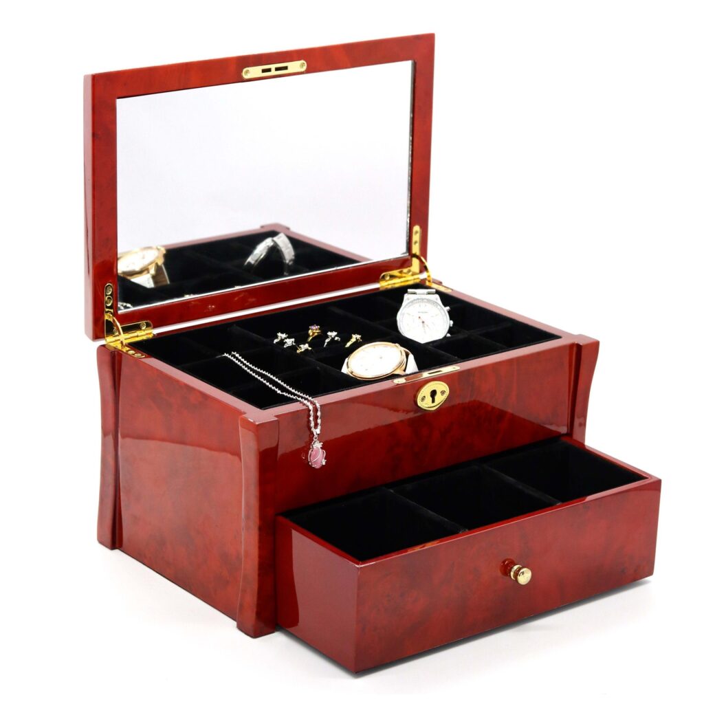Handcrafted Wooden Jewelry Organizer – Glossy Lacquer with Black Velvet Lining