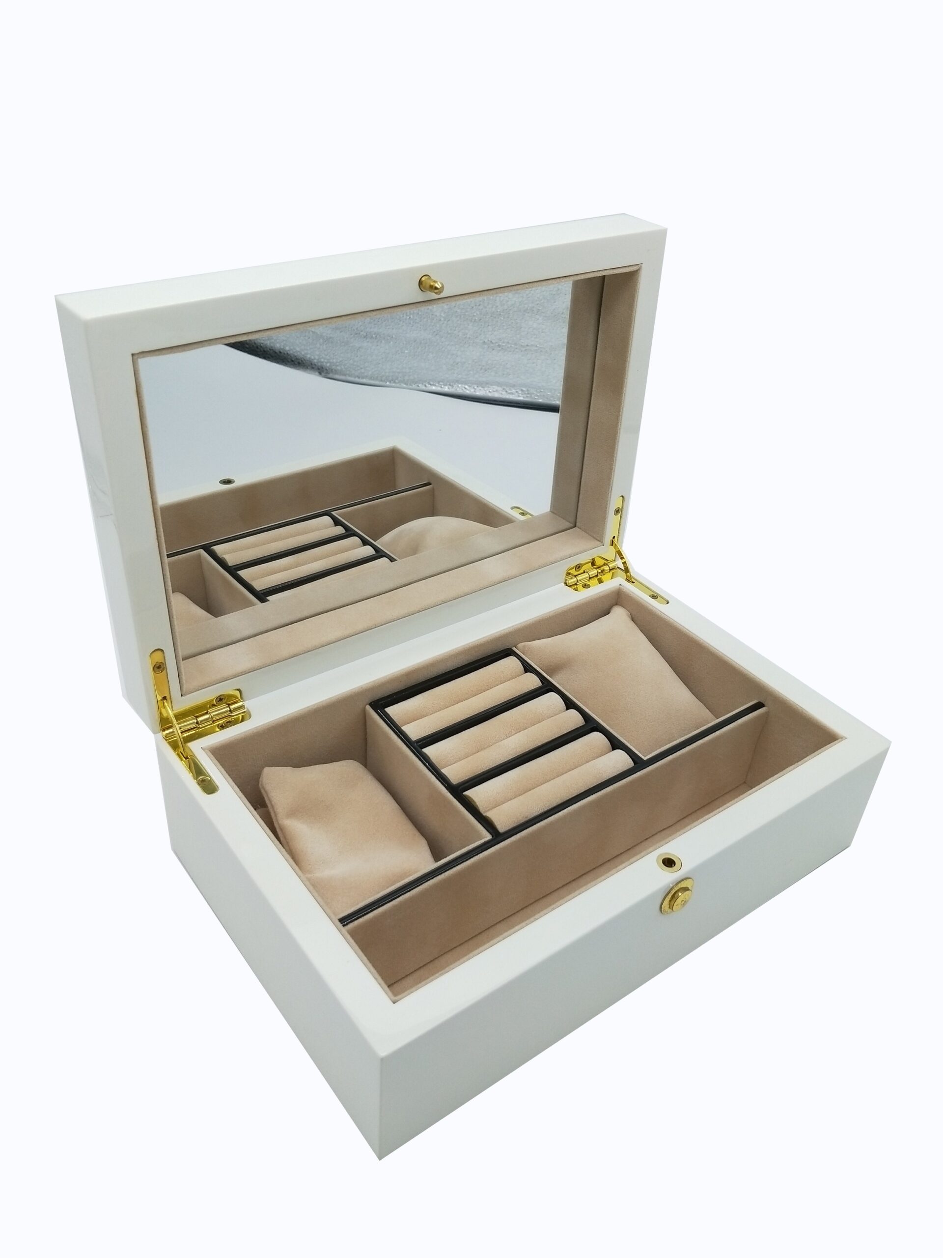 High-Gloss MDF Jewelry Organizer with Deep Apricot Velvet Interior