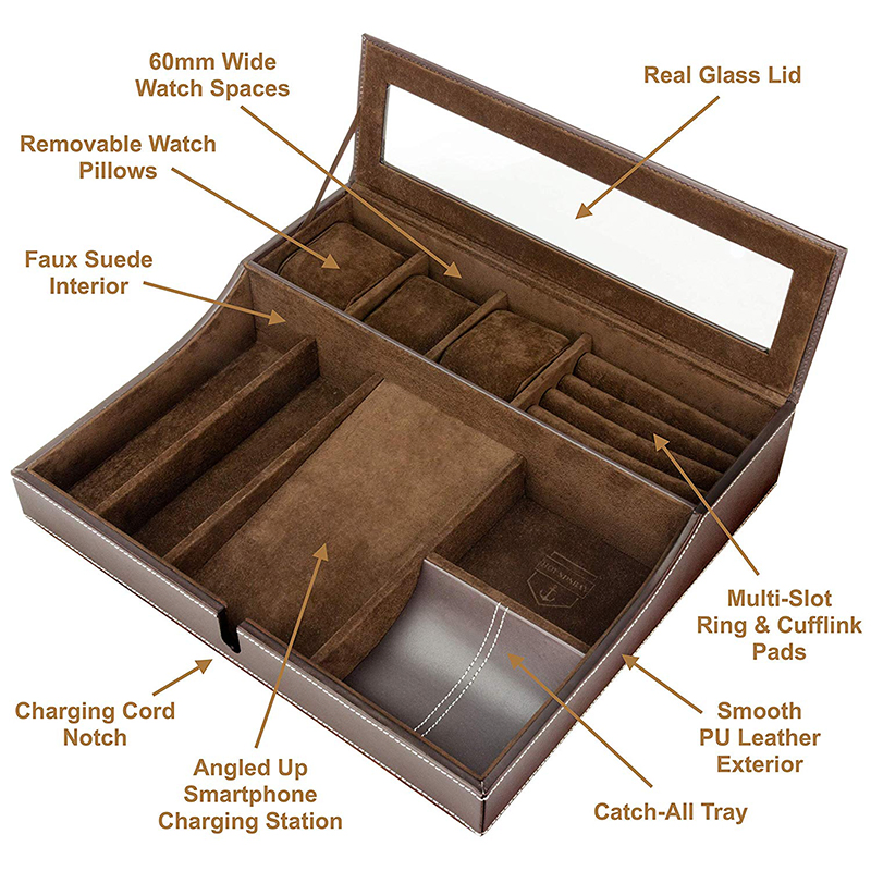 Brown PU Leather Built Rectangular Multi Function Mobile Phone Box