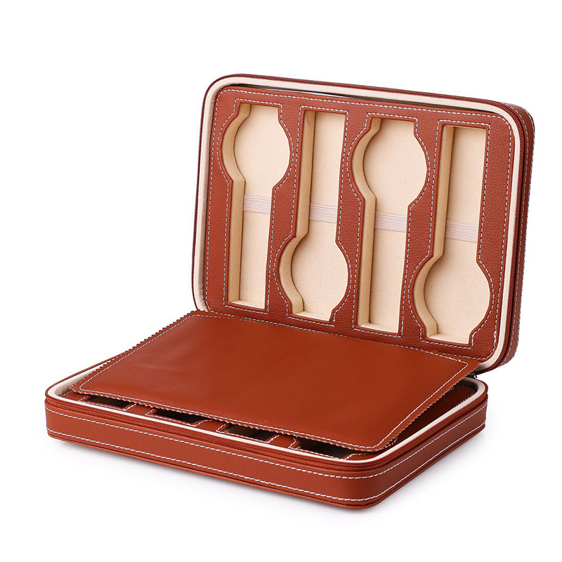 Custom Brown Faux Leather Men’s Women’s Travel Portable Zipper 8-Gray Watch Storage Box