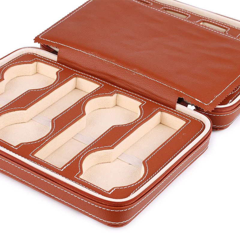 Custom Brown Faux Leather Men’s Women’s Travel Portable Zipper 8-Gray Watch Storage Box