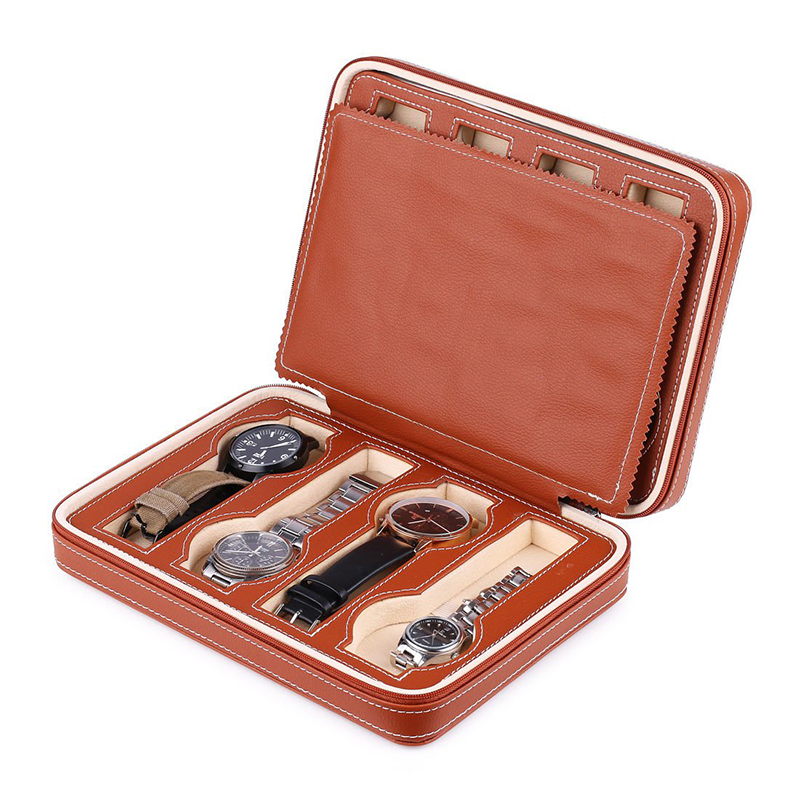 Custom Brown Faux Leather Men’s Women’s Travel Portable Zipper 8-Gray Watch Storage Box