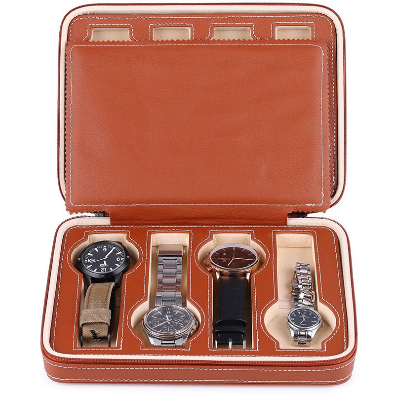 Custom Brown Faux Leather Men’s Women’s Travel Portable Zipper 8-Gray Watch Storage Box