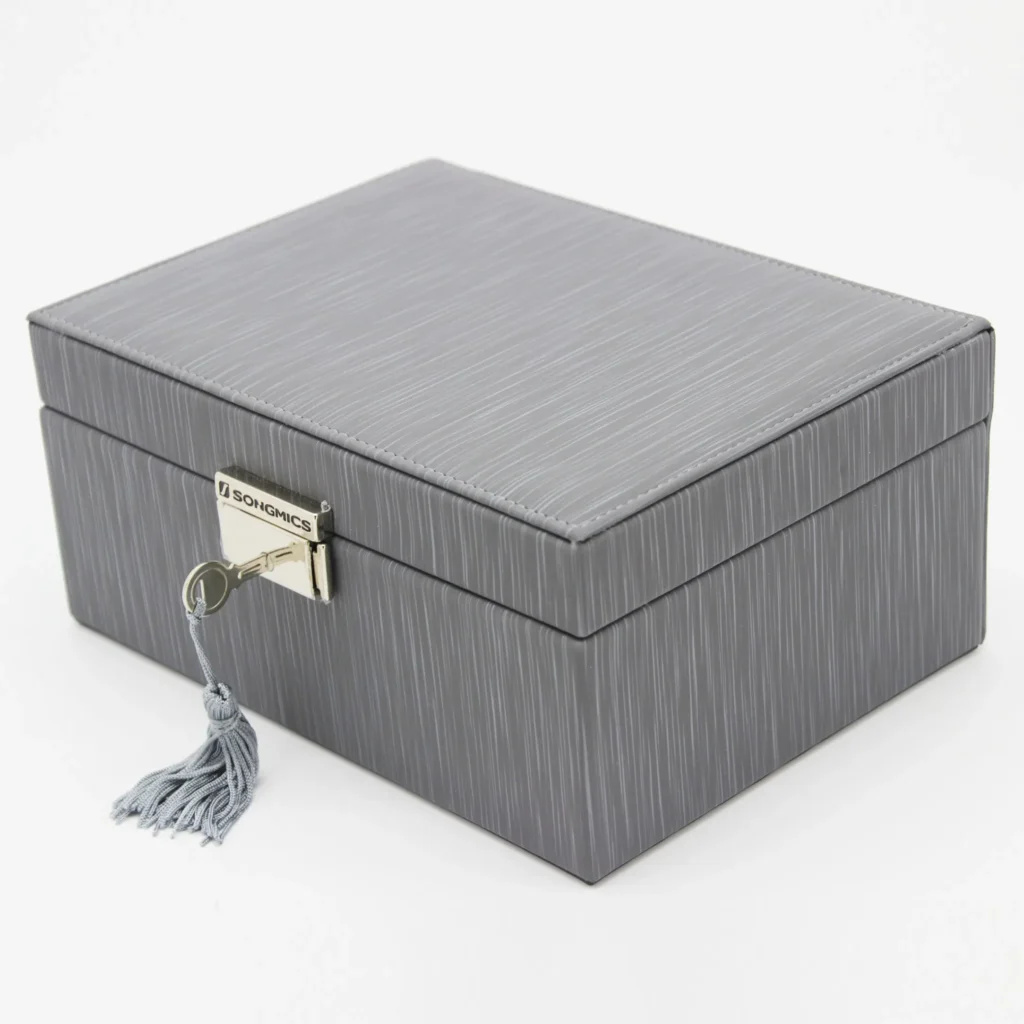 Customized High End Fashion Silver PU Leather Packaging Box Gold Lock Jewelry Box