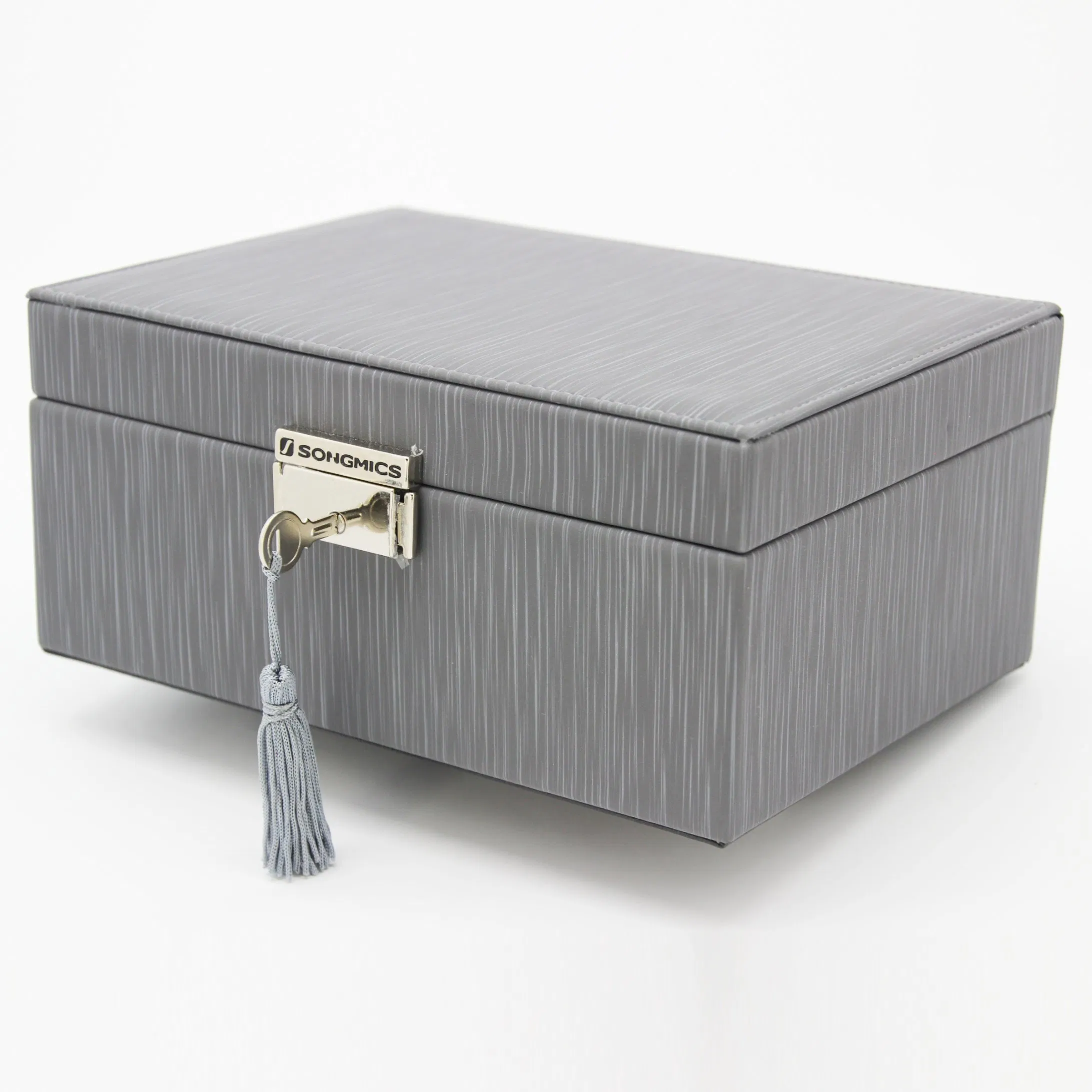 Customized High End Fashion Silver PU Leather Packaging Box Gold Lock Jewelry Box