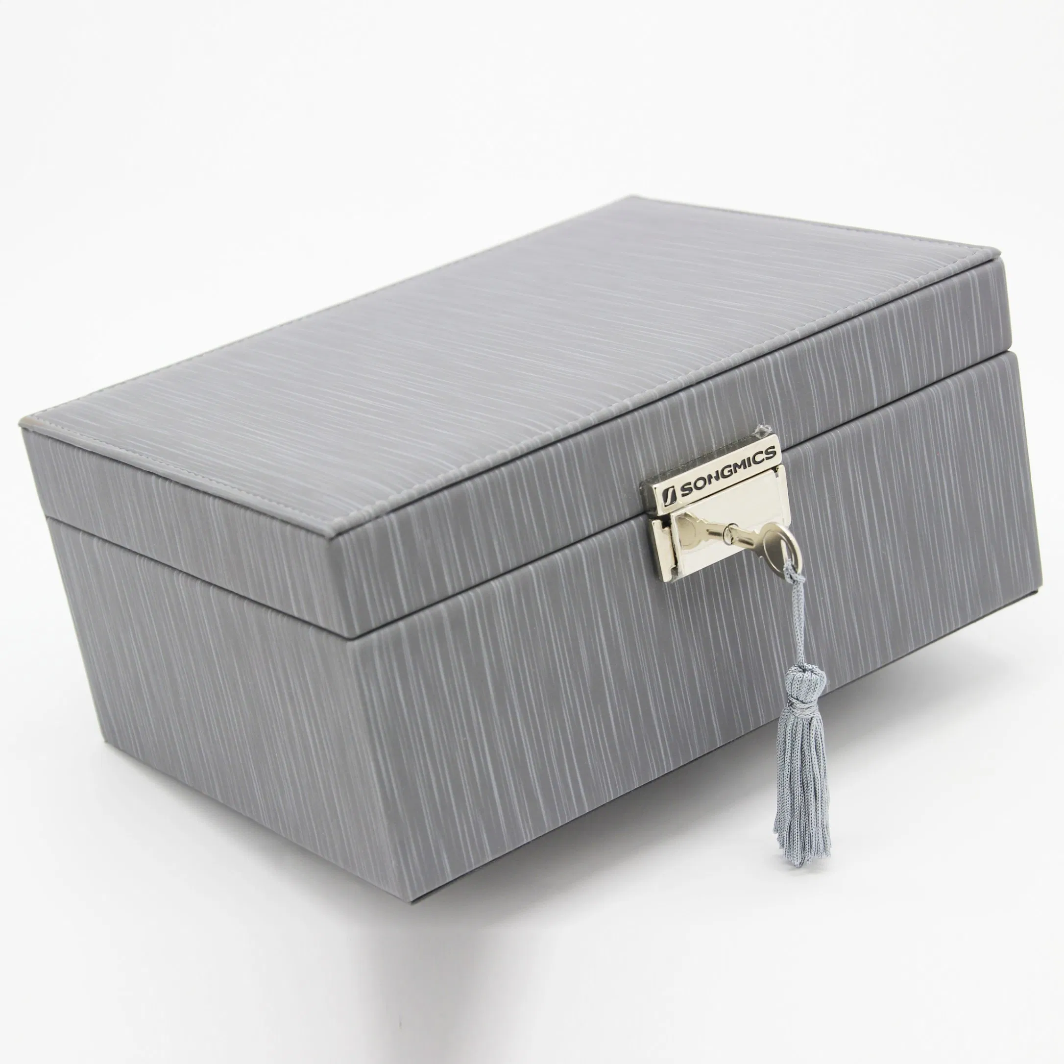 Customized High End Fashion Silver PU Leather Packaging Box Gold Lock Jewelry Box