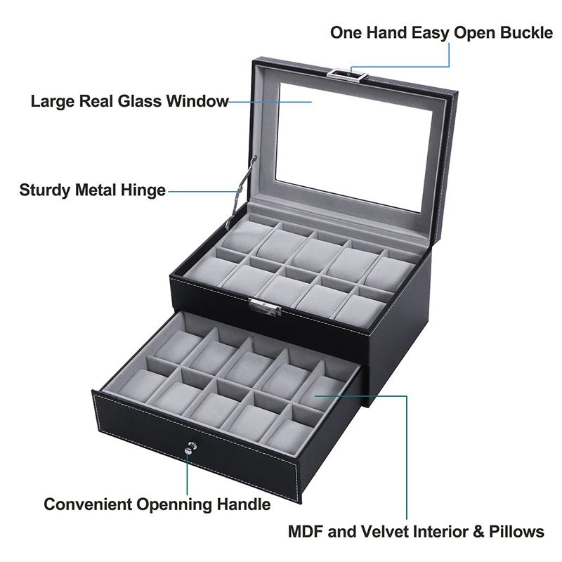 Elegant Black PU Leather Watch Box with Glass Top