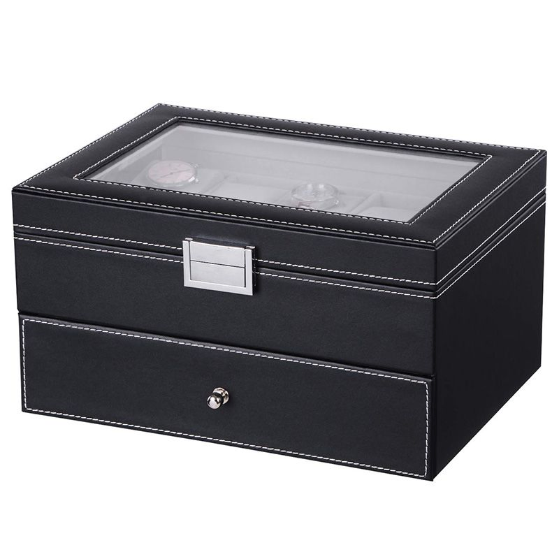 Elegant Black PU Leather Watch Box with Glass Top