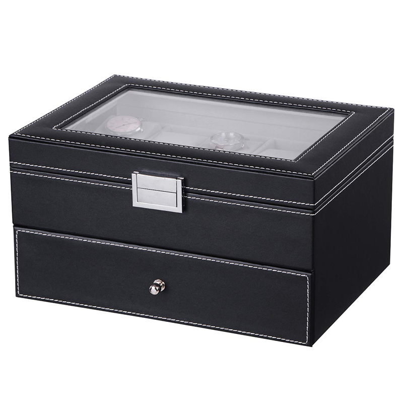 Elegant Black PU Leather Watch Box with Glass Top