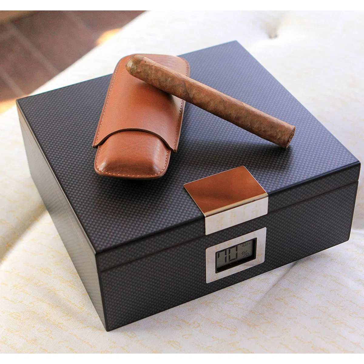 Handmade Modern Cigar Humidor with Front Digital Hygrometer and Humidifier