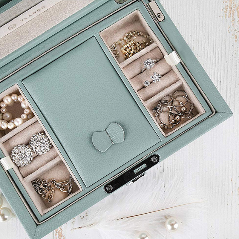 High End Light Cyan Leather Silver Key Lock Rectangular Jewelry Gift Box