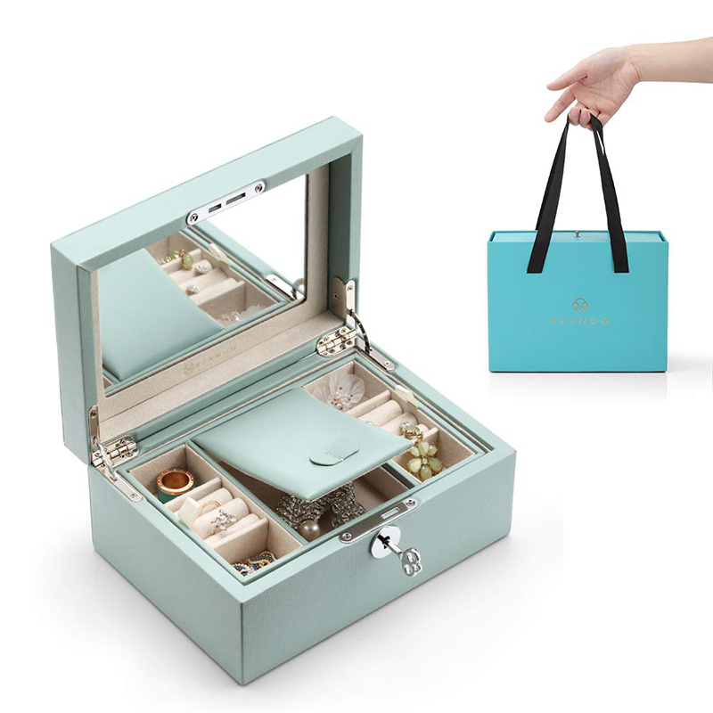 High End Light Cyan Leather Silver Key Lock Rectangular Jewelry Gift Box
