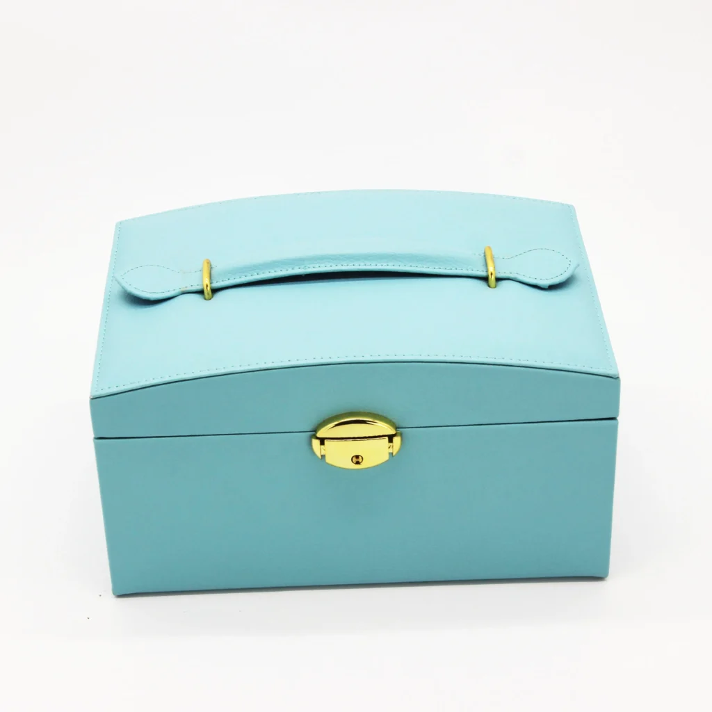 Luxury Blue PU Leather Jewelry Box with Gold Lock