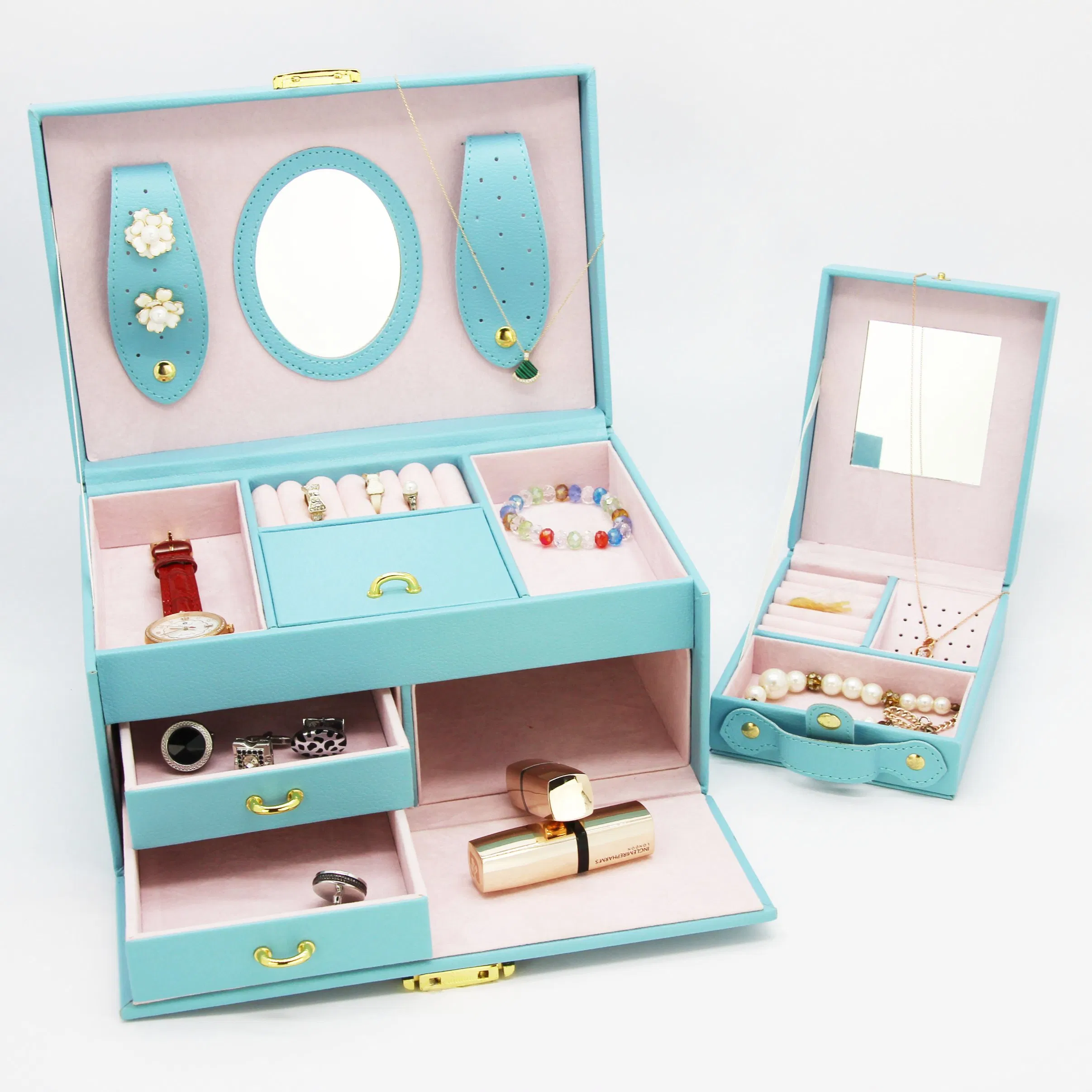 Luxury Blue PU Leather Jewelry Box with Gold Lock