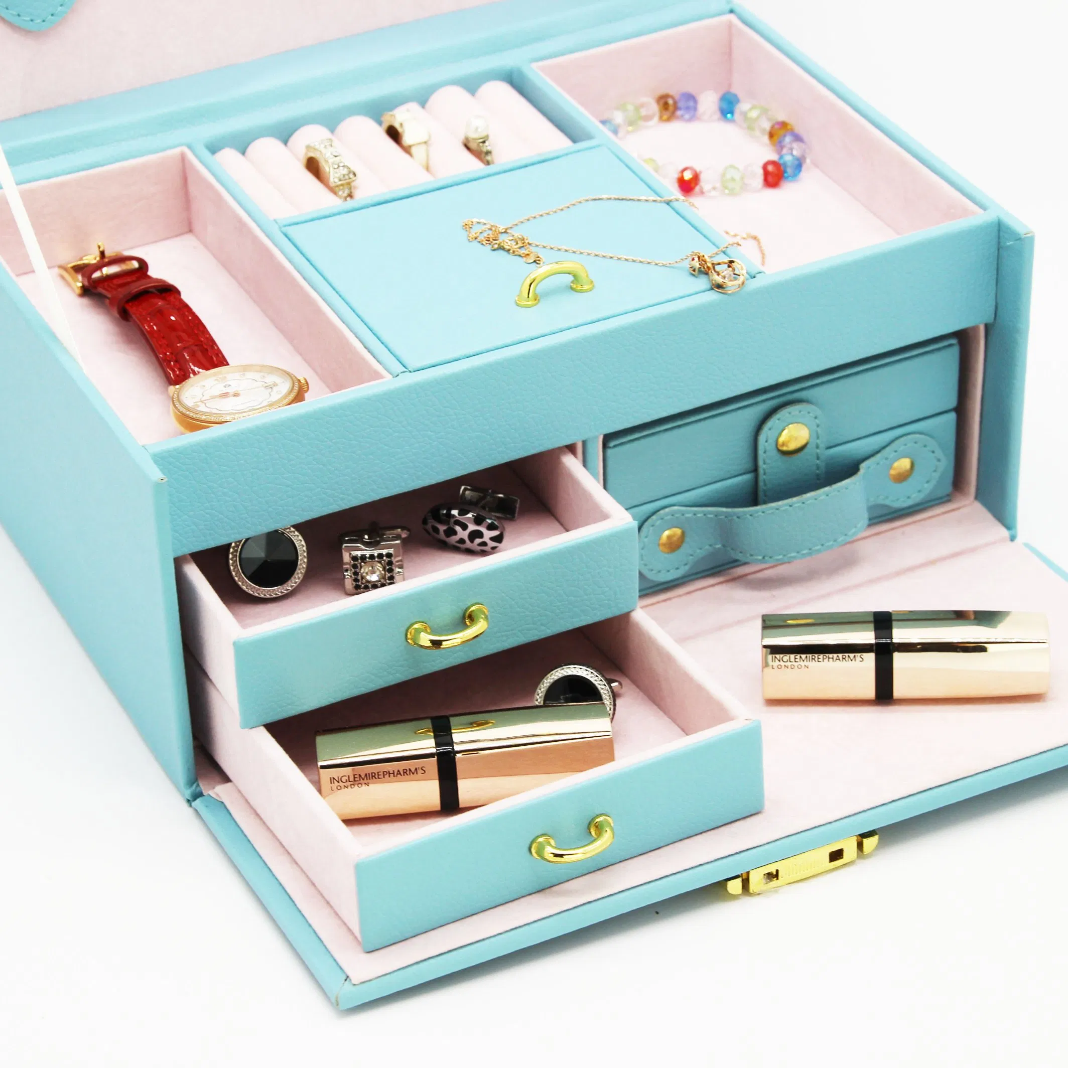 Luxury Blue PU Leather Jewelry Box with Gold Lock