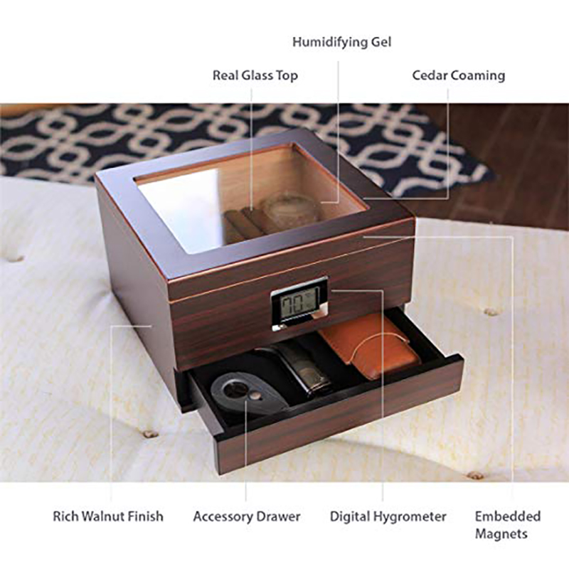 New Design High-End Wooden Cigar Box Rectangular with MDF, Transparent Acrylic, Built-in Temperature