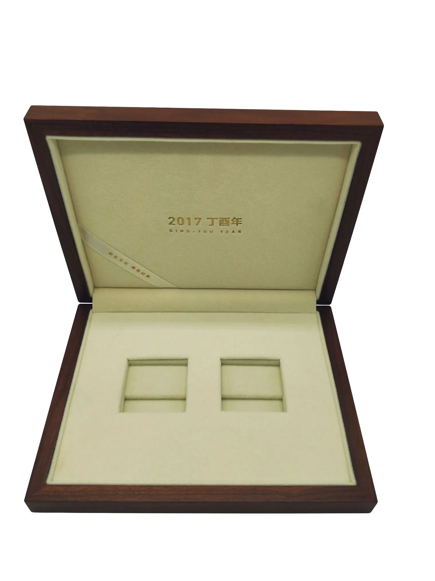 OEM Elegent Wooden Commemorative Coin Box Flat Lacquer Gold Stamps Gift Packing Box