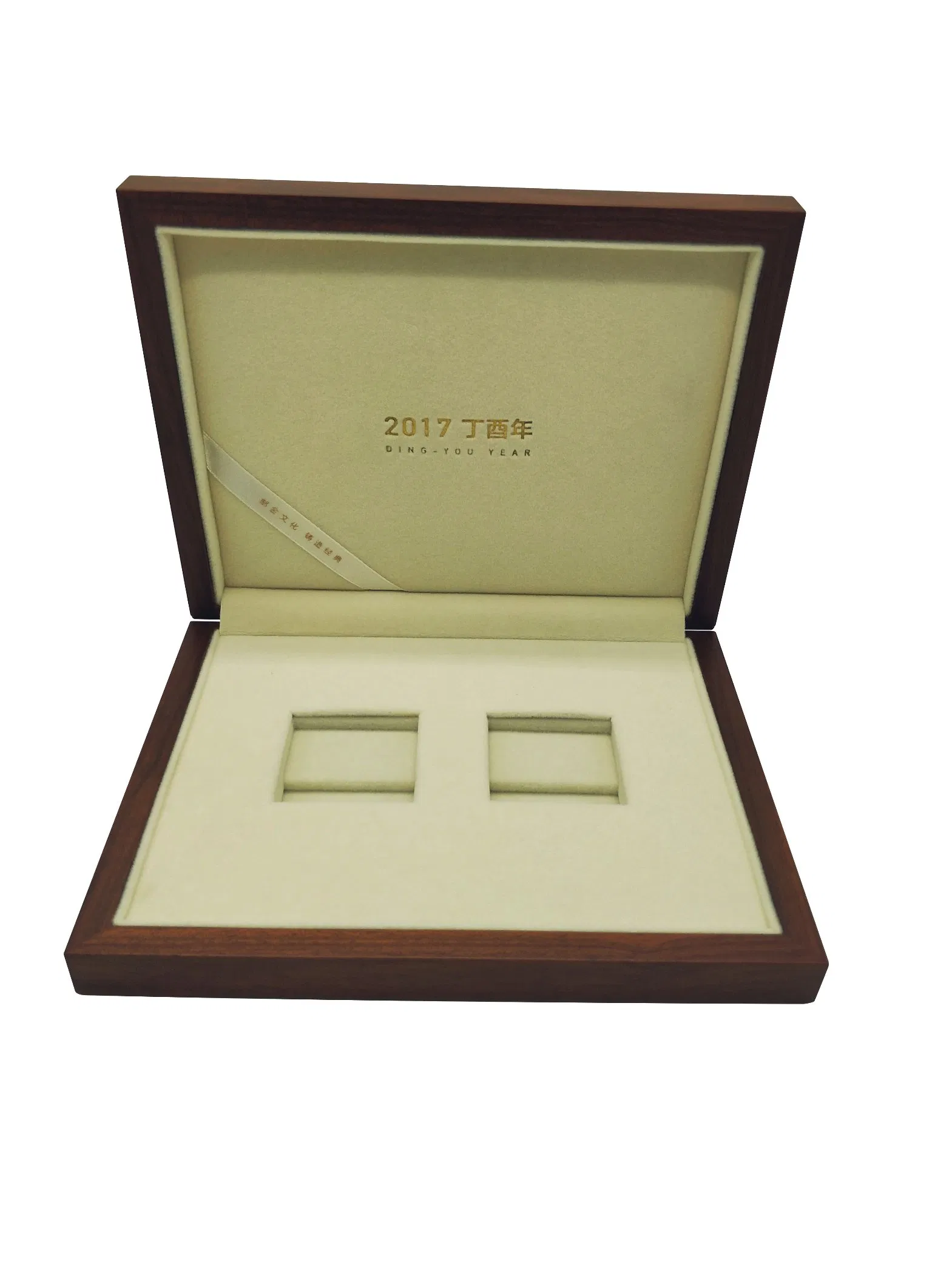 OEM Elegent Wooden Commemorative Coin Box Flat Lacquer Gold Stamps Gift Packing Box