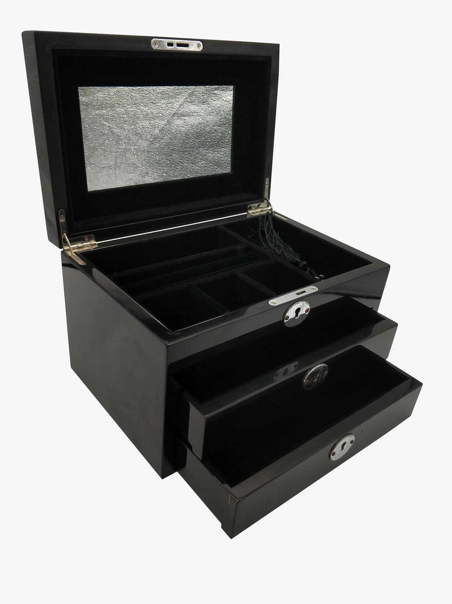 OEM Luxury Stylish Black PU Lacquer Finish Wooden Jewelry Storage Box