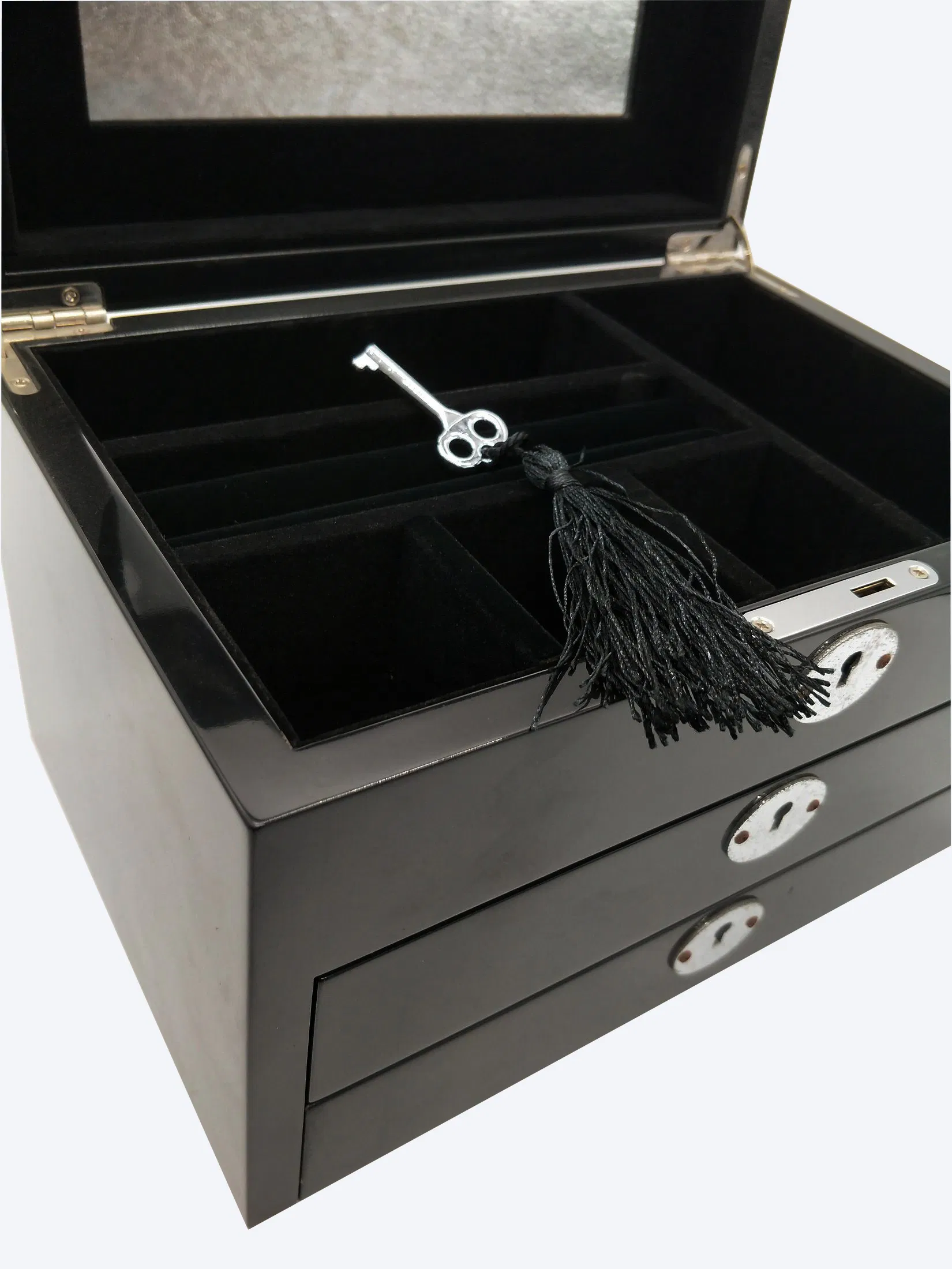 OEM Luxury Stylish Black PU Lacquer Finish Wooden Jewelry Storage Box