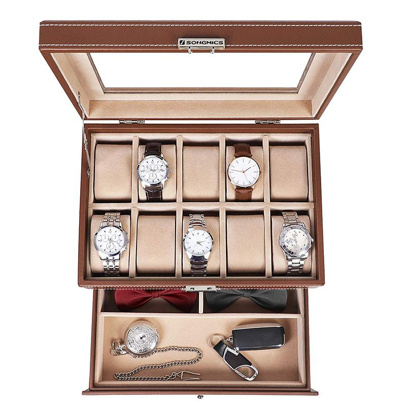 Stylish Brown PU Leather Jewelry Storage Box with Glass Lid