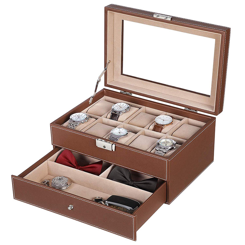 Stylish Brown PU Leather Jewelry Storage Box with Glass Lid