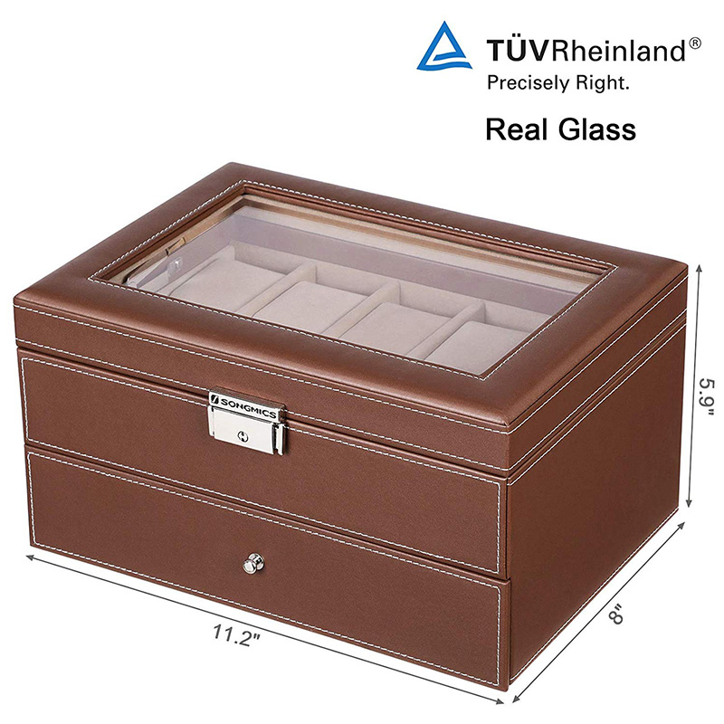 Stylish Brown PU Leather Jewelry Storage Box with Glass Lid