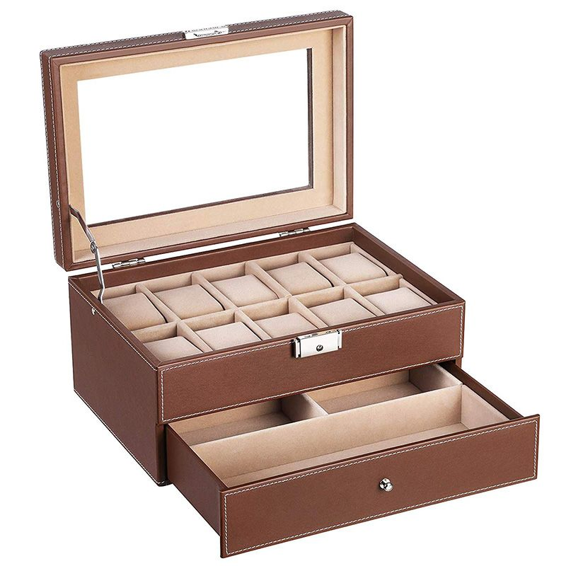 Stylish Brown PU Leather Jewelry Storage Box with Glass Lid