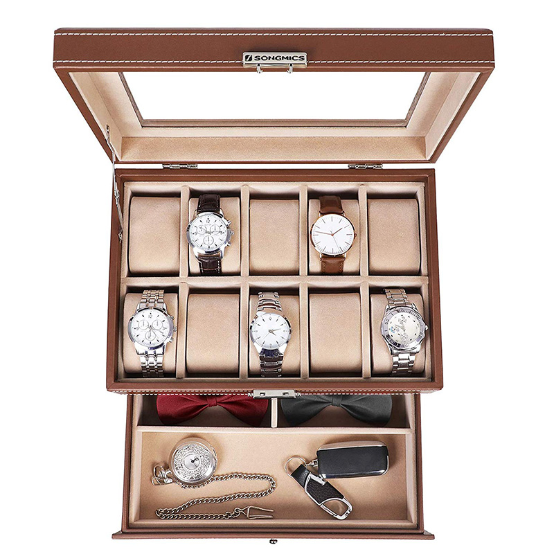 Stylish Brown PU Leather Jewelry Storage Box with Glass Lid