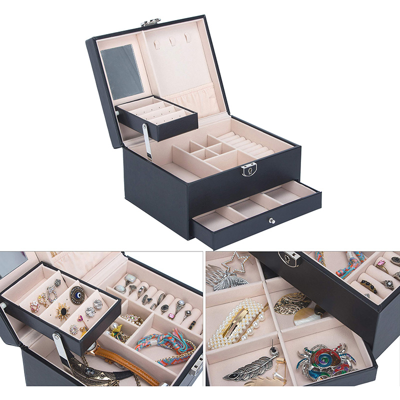 Vintage Style Gift Jewelry Packaging Box with Three Layers of Leather Jewelry Display Case / Vintage Lock Mirror