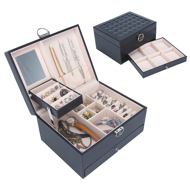 Vintage Style Gift Jewelry Packaging Box with Three Layers of Leather Jewelry Display Case / Vintage Lock Mirror