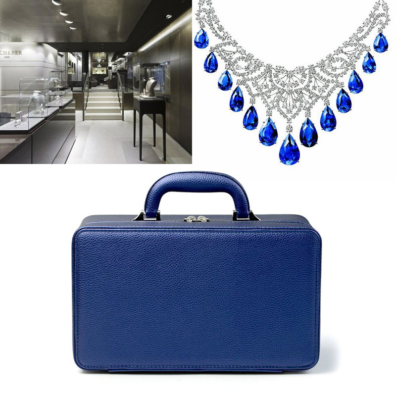 Blue Leather Jewelry Earrings Ring Necklace Pendant Watch Bracelet Storage Box