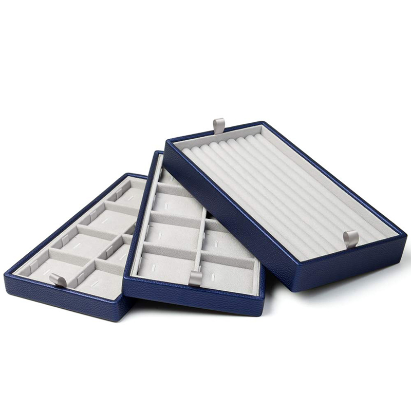 Blue Leather Jewelry Earrings Ring Necklace Pendant Watch Bracelet Storage Box