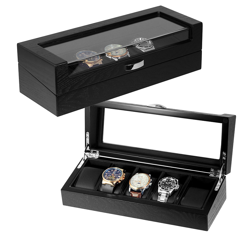 Classic Black 5 Slot Wooden Watch Box for Men Gifts