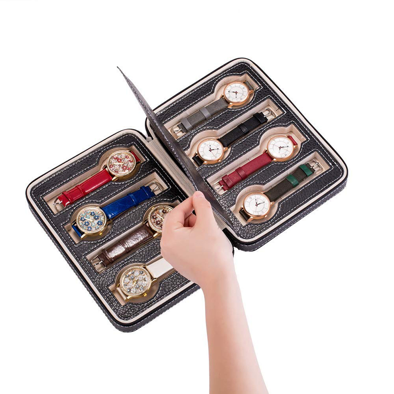 Custom Black Faux Leather Travel Portable Zipper 8-Gray Watch Storage Box for Men and Women