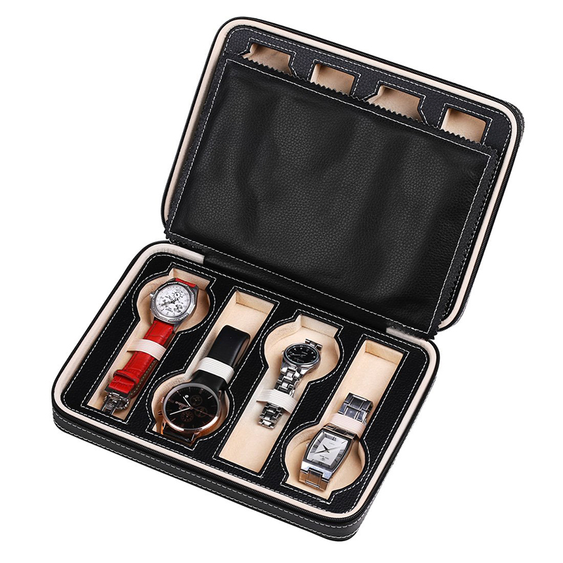 Custom Black Faux Leather Travel Portable Zipper 8-Gray Watch Storage Box for Men and Women