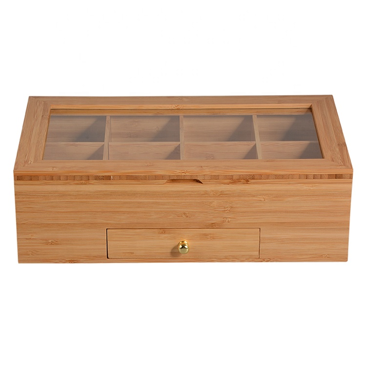 Custom Size High End 8 Compartment Wooden Tea Box with Glass Window