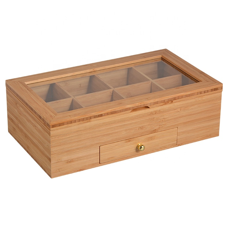 Custom Size High End 8 Compartment Wooden Tea Box with Glass Window